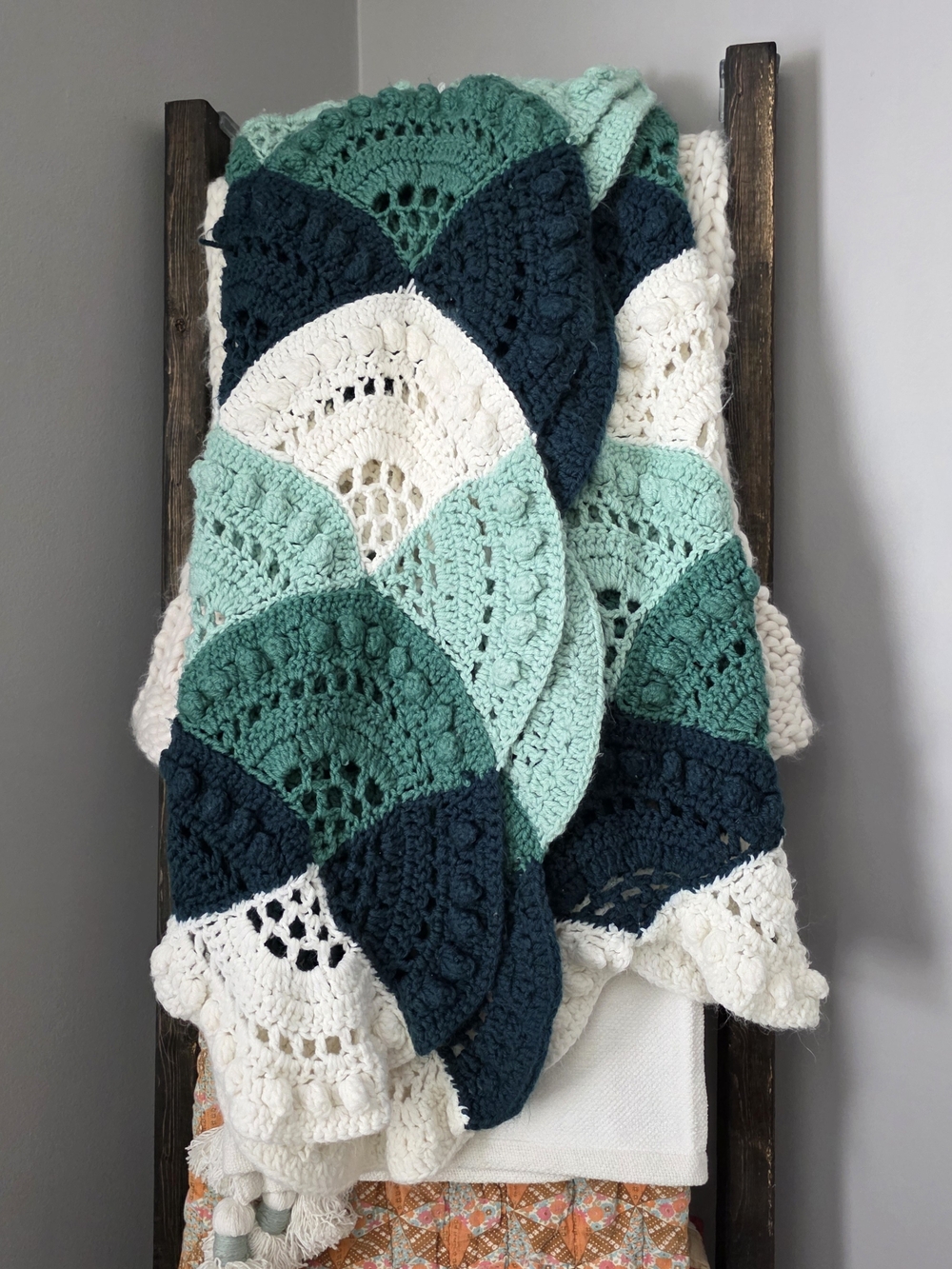 Handmade Crochet Throw Blanket Afghan in Teal Mint and Cream